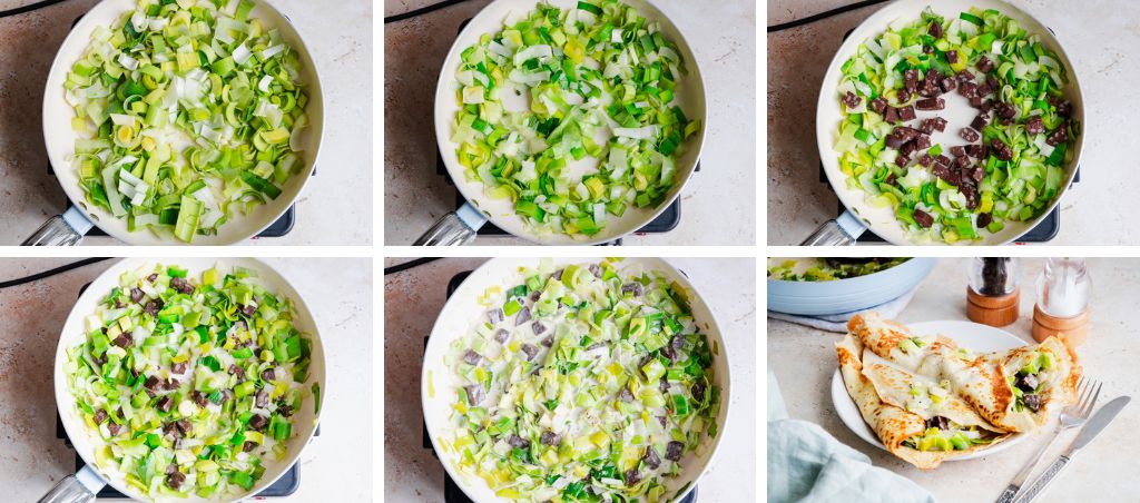 how to make creamy leek and black pudding pancakes step by step