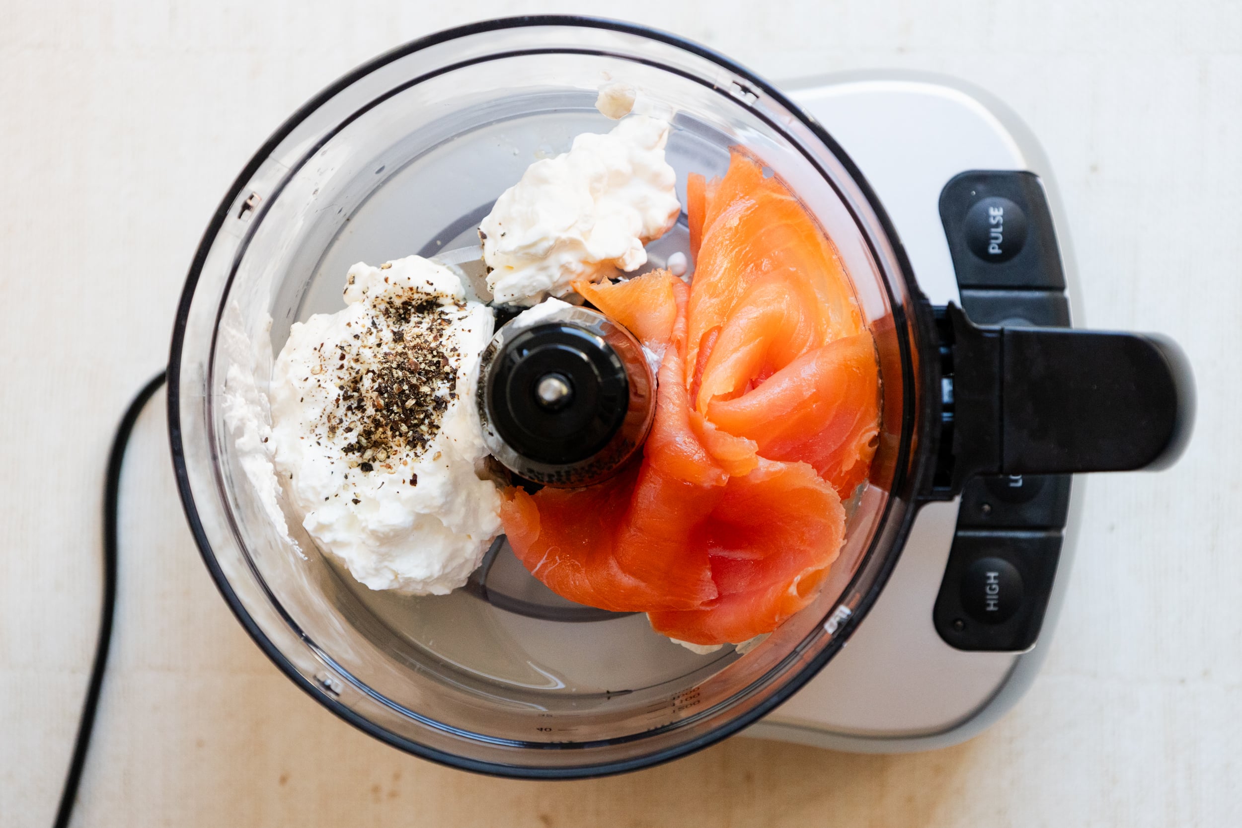 Ingredients for smoked salmon pate in the food processor